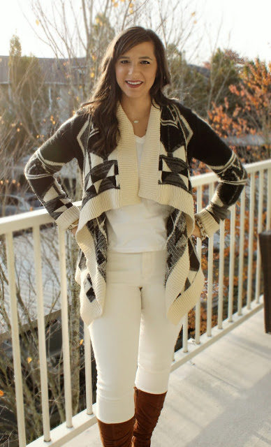 Fall Transitional Outfit: Aztec Cardigan, White Skinny Jeans and Suede Heeled boots