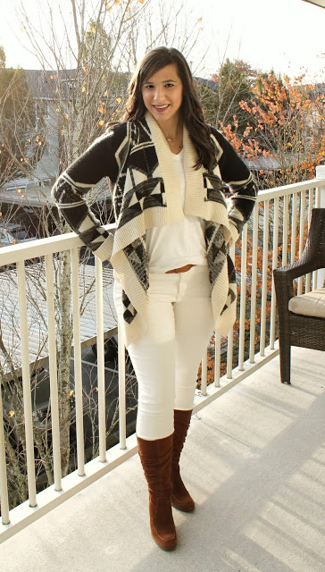 White Skinny jeans with Aztec Cardigan and Suede Heeled Boots