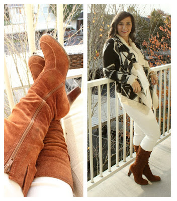Suede Boots for fall with Aztec Cardigan and White Skinny Jeans