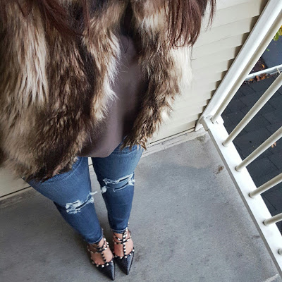 Faux Fur vest, Distressed Jeans and Studded Valentino Look-a-likes from moretomrse.blogspot.com