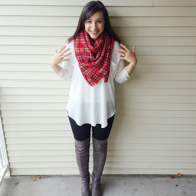 Over-the-knee boots with a DIY Christmas gift Blanket Scarf