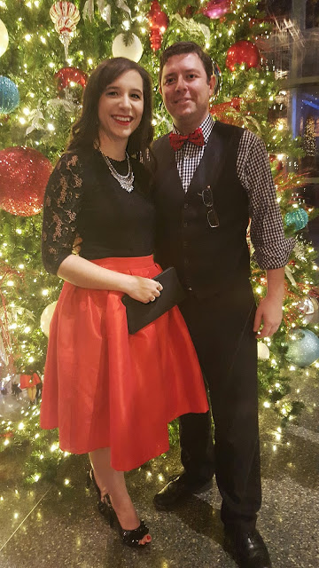 Christmas Couple's Outfit: Red skirt from Chicwish, Black Lace top from Frover21 and red bow tie