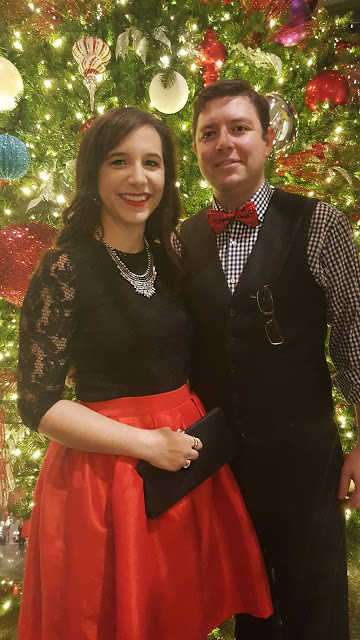 Christmas Couple's Outfit: Red skirt from Chicwish, Black Lace top from Frover21 and red bow tie