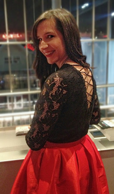 Christmas Outfit: Chicwish Red A line skirt and Forever21 Black Lace corset top