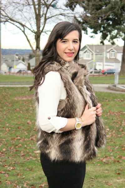 Winter Fashion, Work Outfit Ideas with Faux Fur Vest and Black Pencil Skirt