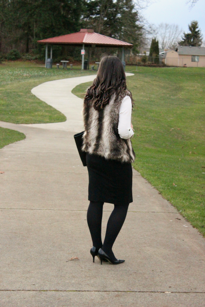 Winter Fashion, Work Outfit Ideas with Black Pencil Skirt and Faux Fur Vest