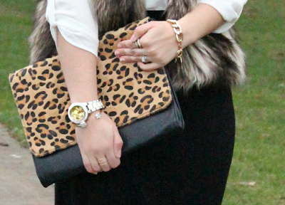 Winter Fashion, Work Outfit Ideas with Faux Fur Vest, Leopard clutch and Gold Oversized Boyfriend Watch