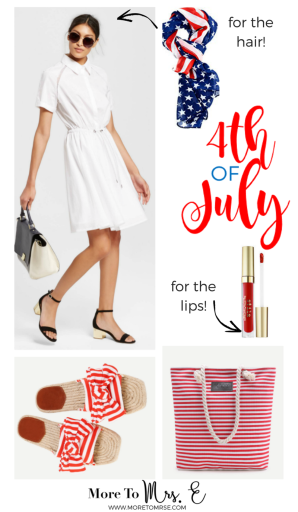 4th of July Outfit Inspiration white dress red striped slides flag scarf