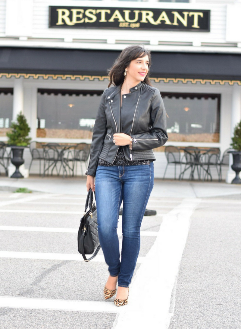 Affordable Date Night Look_Faux Leather Jacket H&M_American Eagle Skinny Jeans_Sam Edelman Leopard Pumps
