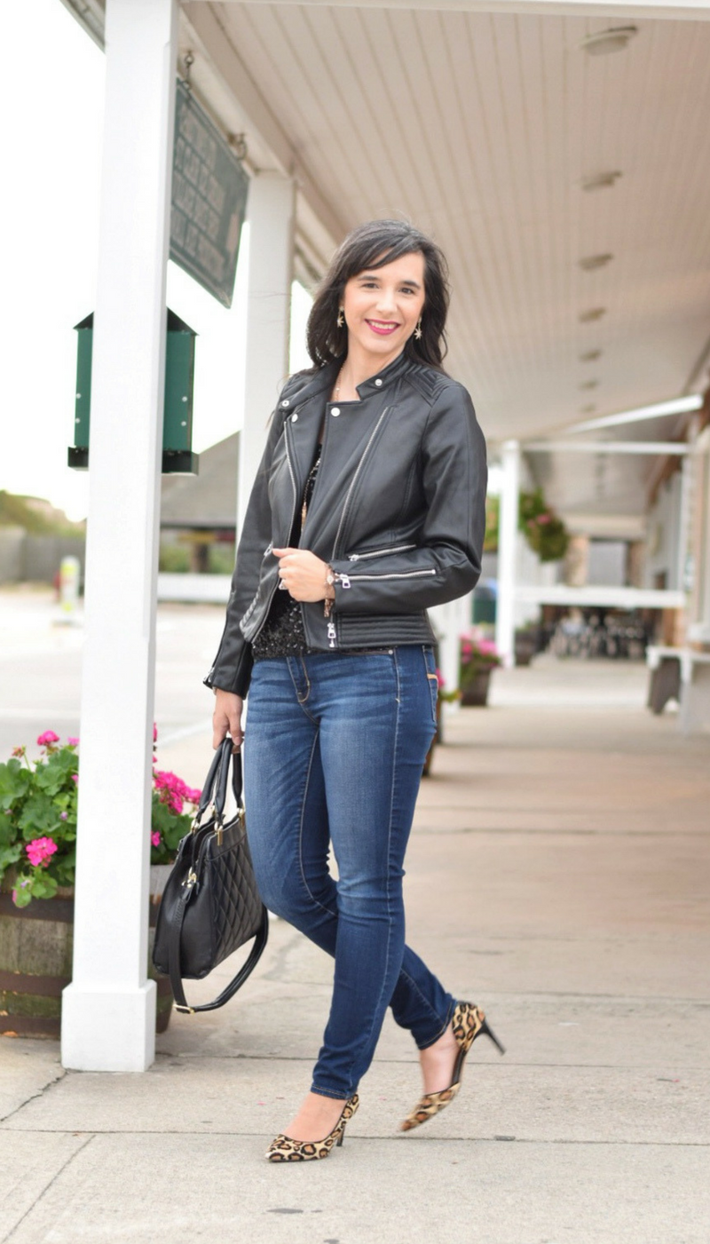 Affordable Leather Jacket_Date Nigh Look_Leopard Pumps and Skinny Jeans
