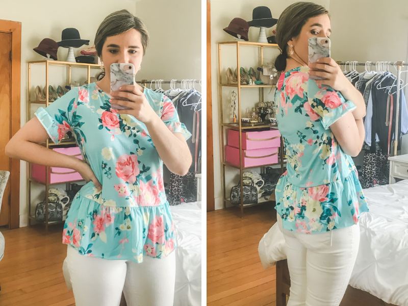 Amazon for work_floral peplum top_floral ruffle sleeve tee_under 15_spring fashion_teacher style
