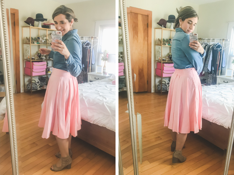 Amazon for work_pink midi skirt_chambray button-up_under 30_spring style_teacher fashion
