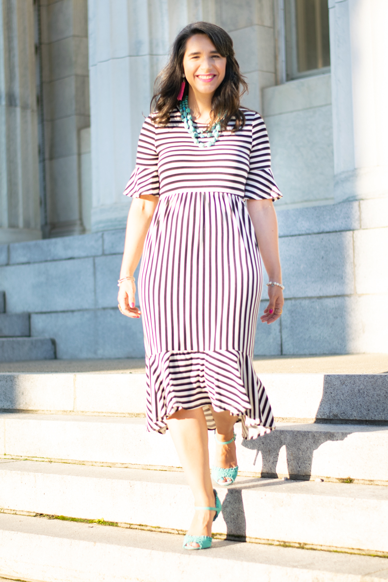 Be Yourself_Striped Midi Dress_Turquoise Accessories_Pink Tassel Earrings