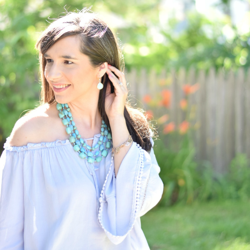 Blue Off-the-Shoulder Top_Sugarfix by Baublebar Turquoise Necklace_Tori Burch Three Strand Logo Bracelet