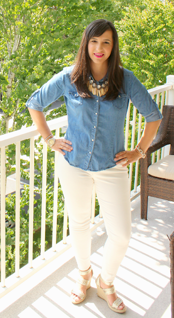 Showgirl Fringe Statement Necklace Chambray Button Up and white skinny jeans