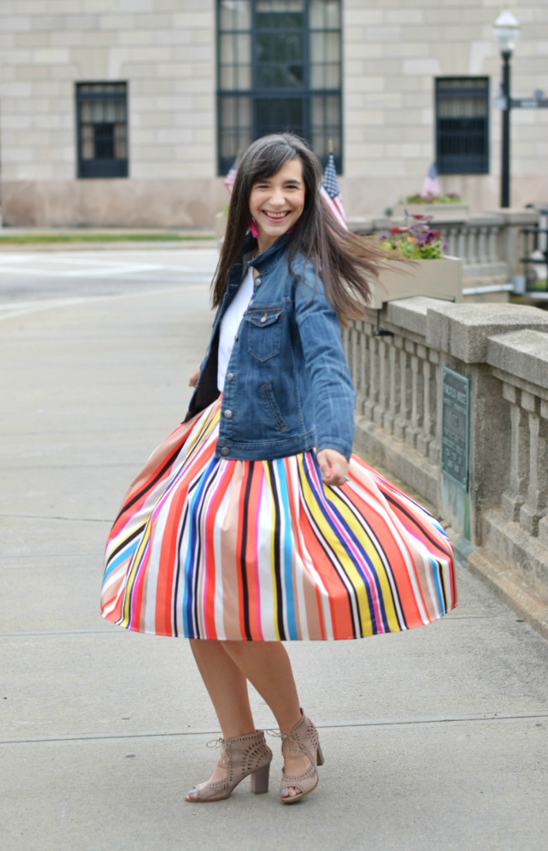 Classroom Outfit Multicolored Midi Skirt Denim Jacket