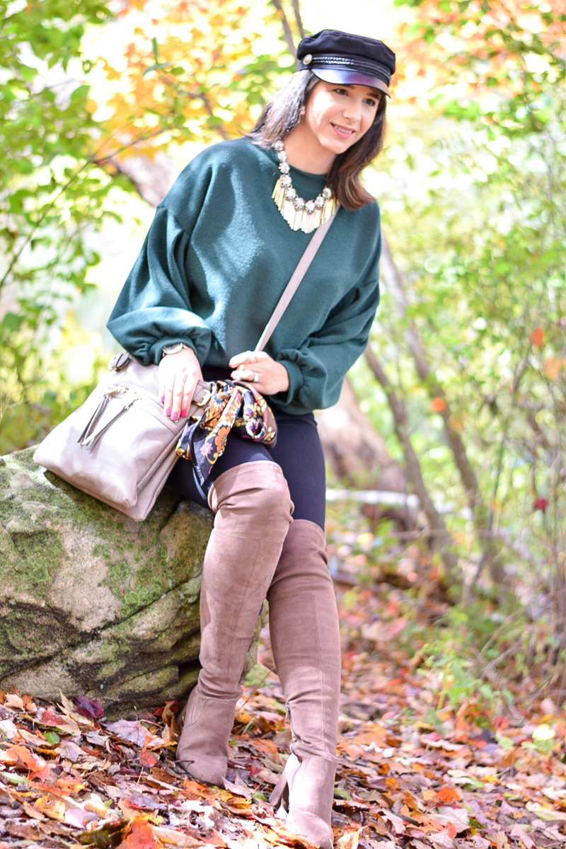 Fall Teacher Style_Green Lantern Sleeve Sweater_Favorite Fall Buys_Baker Boy Had_Fisherman Hat_Taupe Over-the-knee Boots_OTK Boots