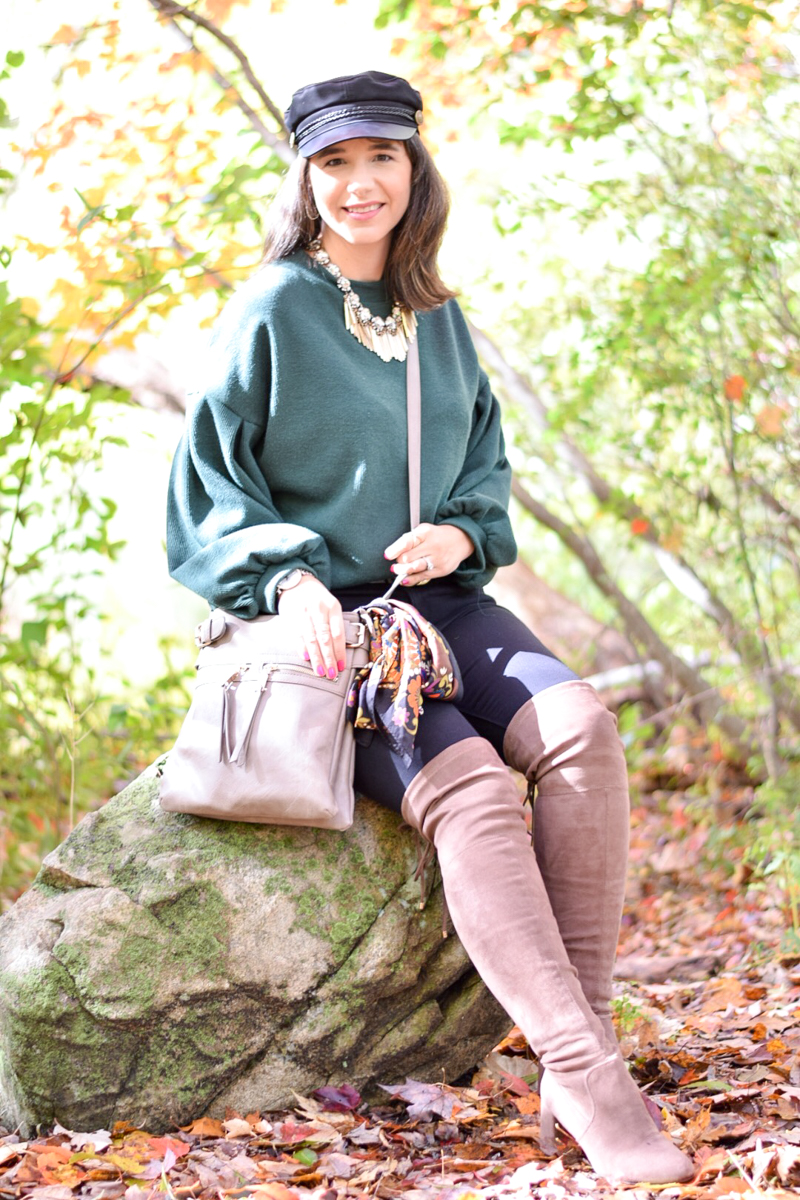 Favorite Fall Buy_Taupe OTK Boots_green sweater_Amazon Fashion_fisherman hat