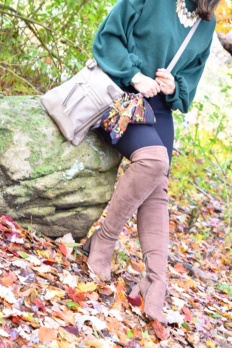 Favorite Fall Buys_Taupe Over-the-knee boots_express black skinny jeans_green sweater_fall fashion_fringe necklace