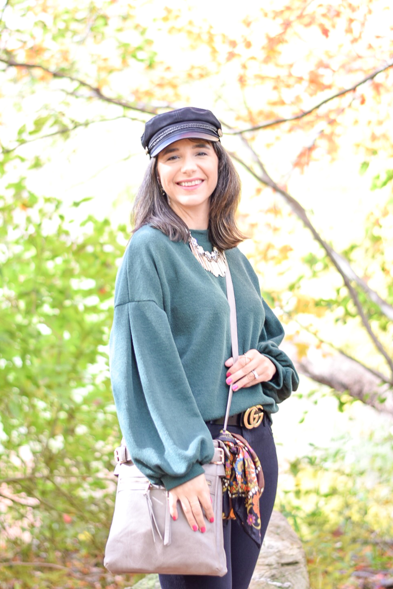 Favorite Fall Buys_Teacher Fashion_Fisherman Hat_Green lantern sleeve sweater_Amazon_silk scarf