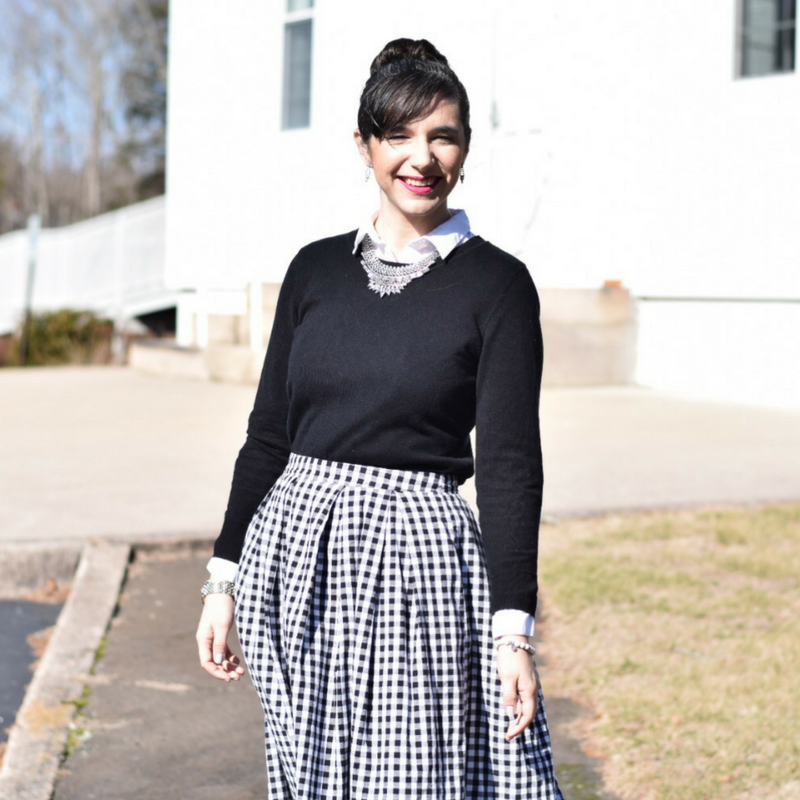 Gingham Skirt_Black Crewneck Sweater_Fancy Teacher Clothes_Teacher Style Blog