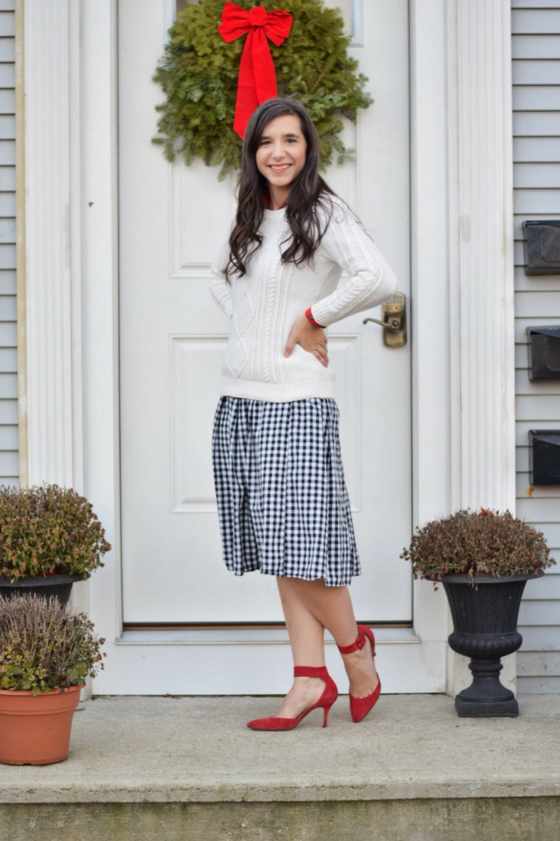 Holiday Teacher outfit_Gingham Skirt_Red Plaid_Christmas outfit_cable knit sweater