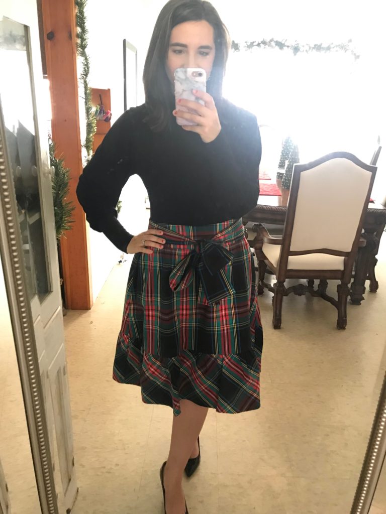jcrew factory tartan plaid bow skirt_shein bishop sleeve bodysuit_holiday outfit