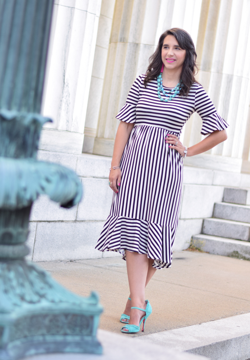 Jane Striped Midi Dress_Turquoise Necklace_Accessories that pop_turquoise heels