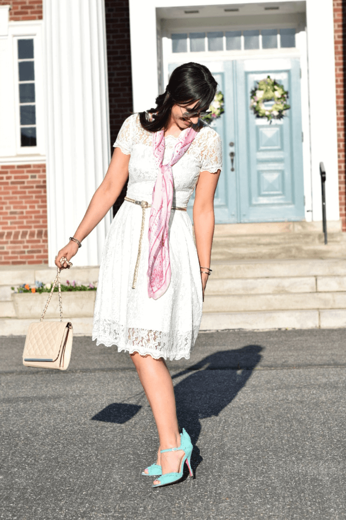 Lace Easter Dress-turquoise heels-betsey johnson-silk scarf