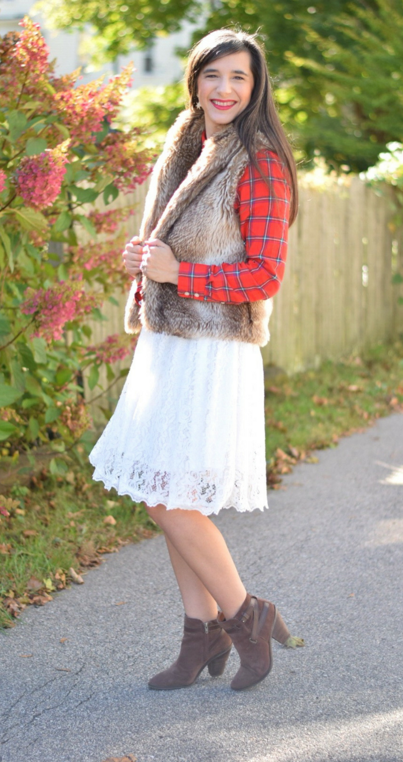Lace dress_faux fur vest_brown booties_red plaid flannel top_casual holiday outfit