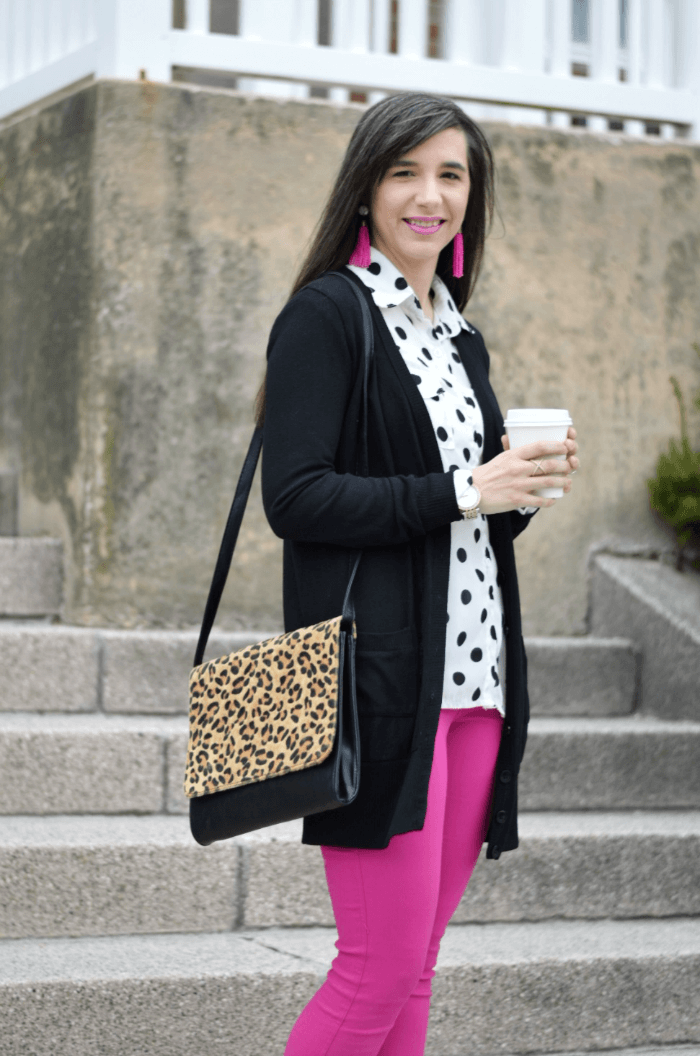 Leopard bag Tassel earrings polka dot tunic leggings for work