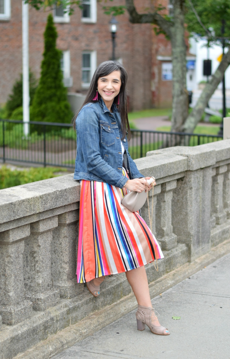 Multicolored Midi Skirt Classroom Outfit Denim Jacket Laser Cut Block Heels Teacher