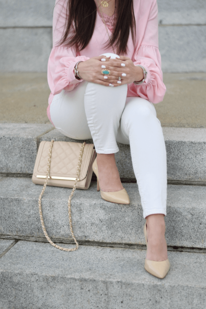 Nude quilted bag-nude pumps-turquoise cocktail ring-pink bishop top-white skinny jeans