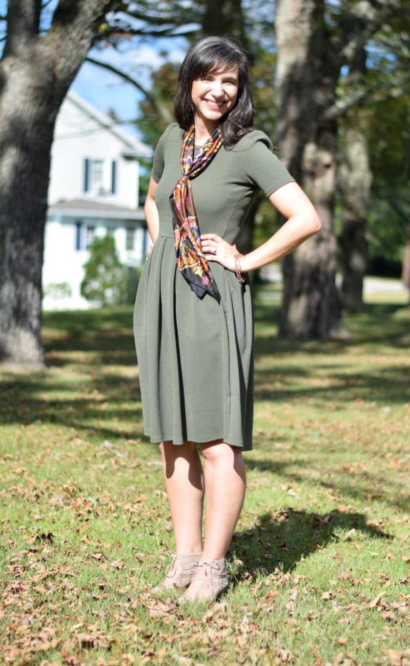 Olive Dress with Silk Scarf_Amelia Dress_lularoe_silk scarf_fall fashion_teacher fashion