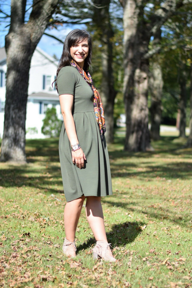 Olive Green Amelia Dress_Square Silk Scarf_Fall Fashion_Teacher Style