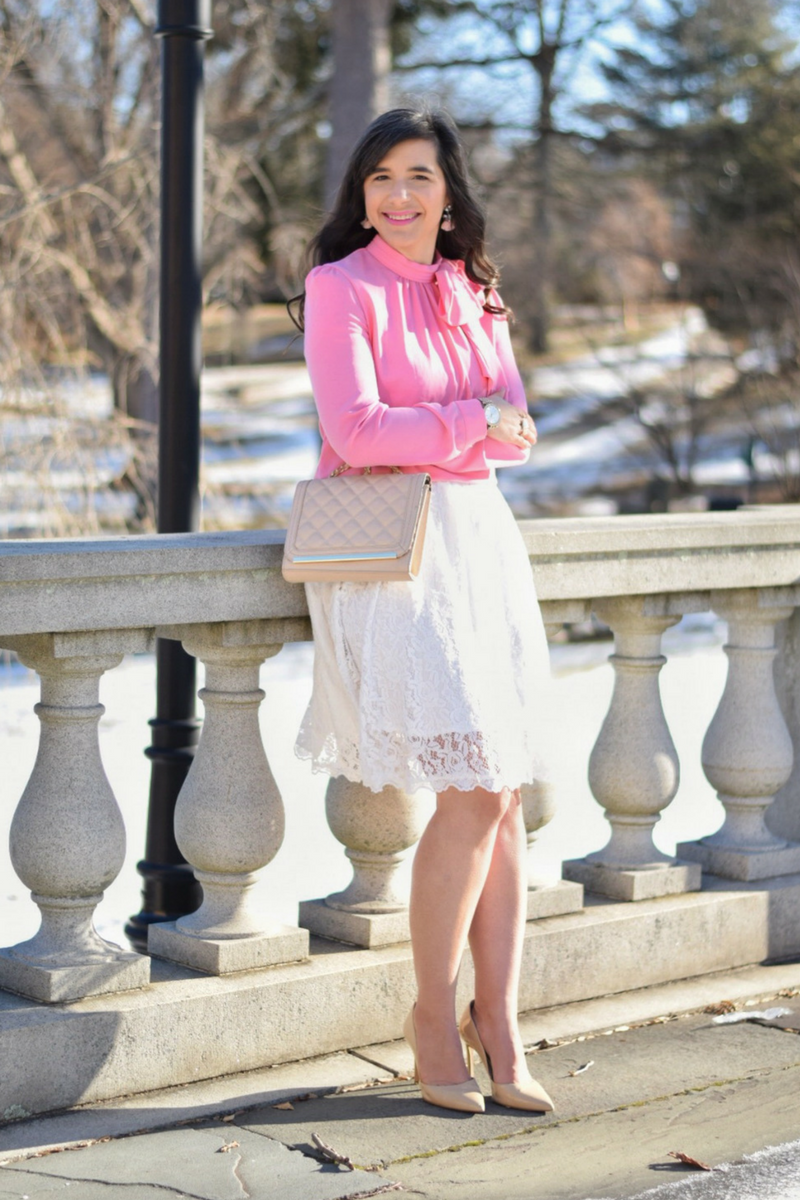 Pink Bow Blouse_Lace skirt_Valentine's Day Outfit_Nude Pumps_Teacher Style