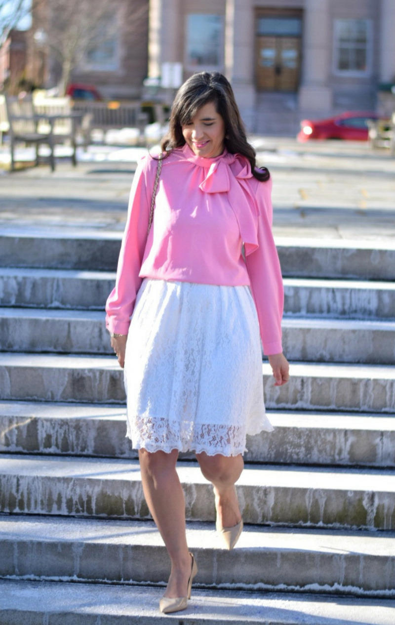 Pink Bow Blouse_Valentine's Day Outfit_Teacher Style blog_White Lace Skirt_White lace dress_Valentine's Day Outfit_Nude Heels