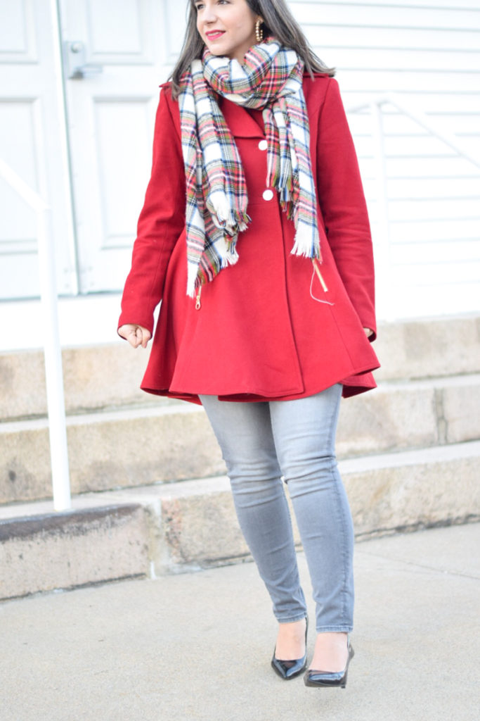 Red Fit and flare coat_Plaid scarf_gray skinny jeans_cold weather style