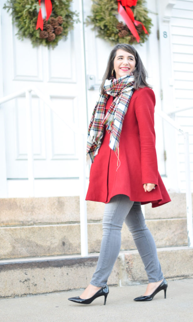 Red Fit and flare coat_Plaid scarf_gray skinny jeans_winter outerwear