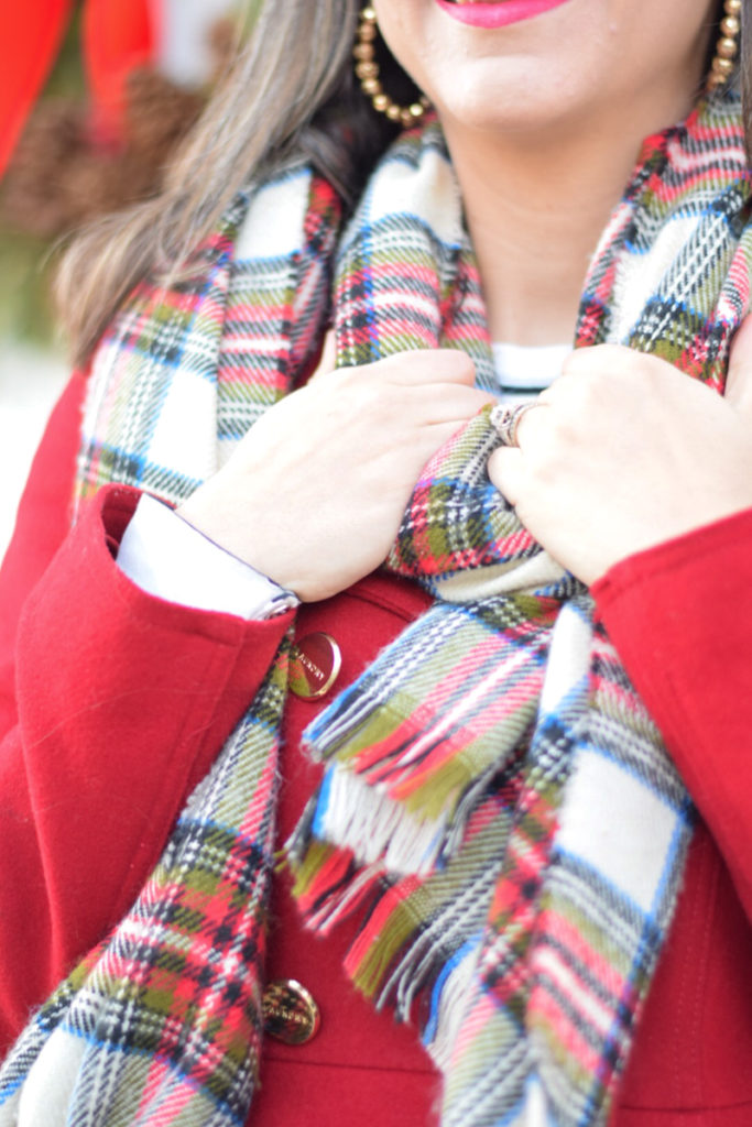 Red Fit and flare coat_Plaid scarf_holiday outfit_winter coat for her
