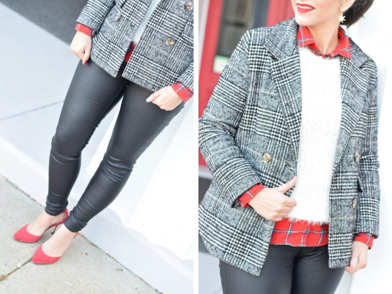 Red Tartan plaid pattern mixing_holiday look_office Look_faux leather jeggings_white eyelash sweater_tweed blazer_winter tweed_red ankle pumps_teacher style_teacher fashion