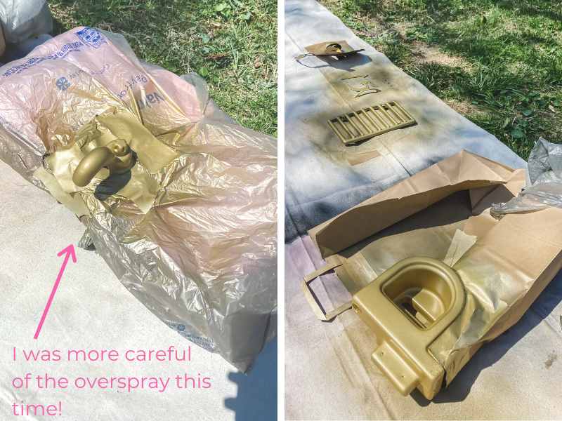 Step 2 Playhouse Makeover_DIY kids playhouse_tape up pieces to spray paint gold