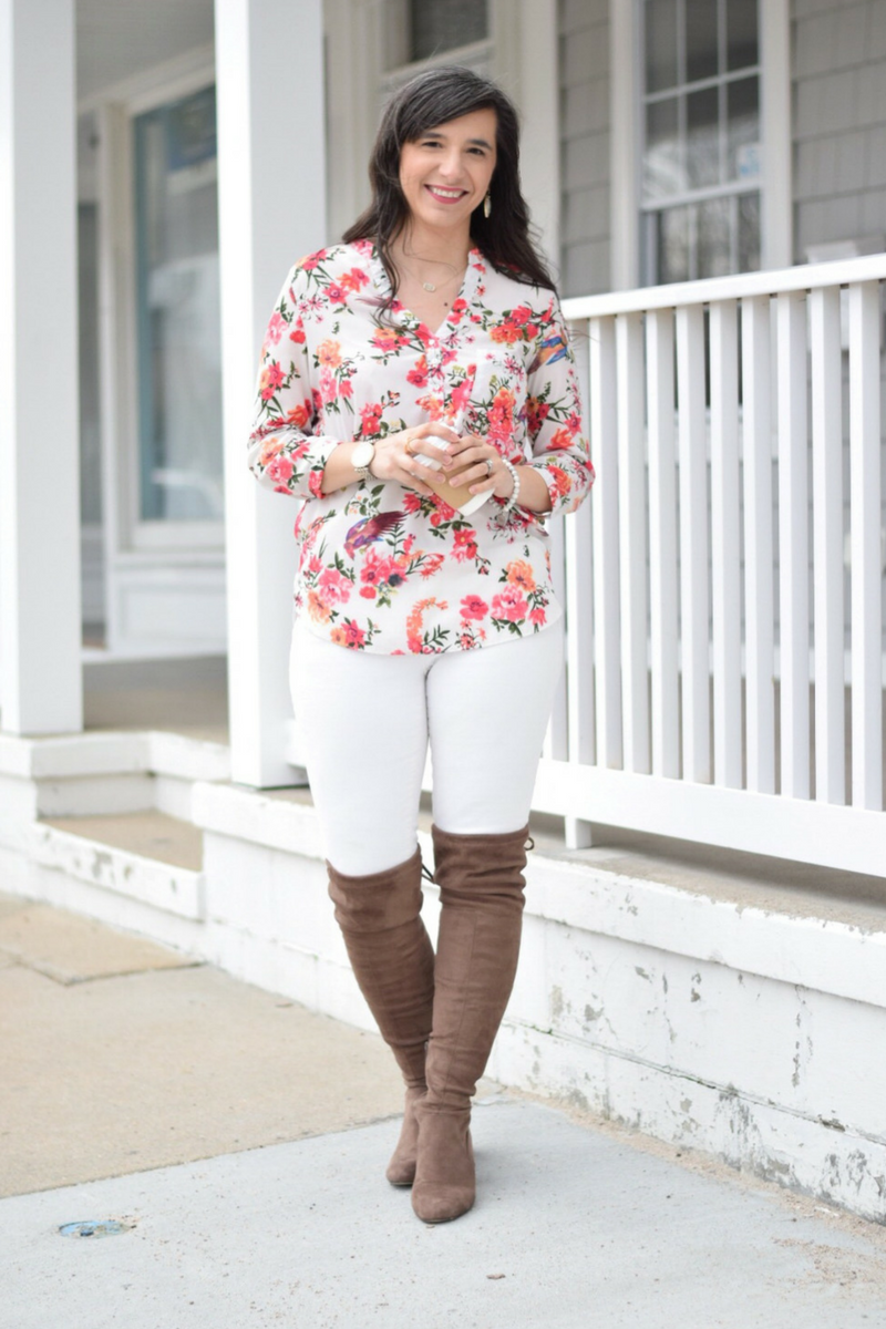 Spring Floral top_white skinny jeans_over-the-knee boots for work_Steve Madden Osana Boot_teacher fashion_teacher outfits
