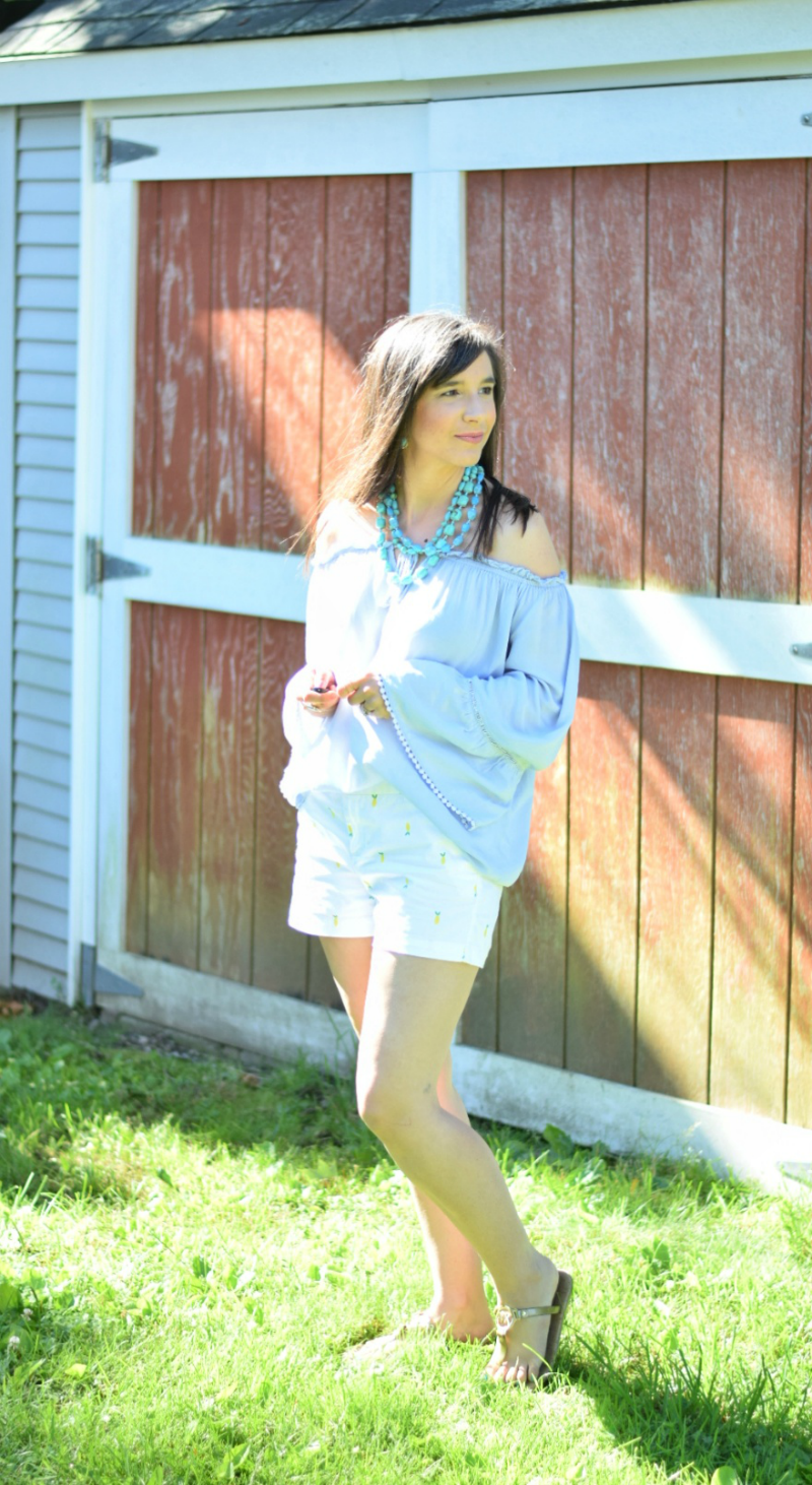 Summer Teacher Style_Pineapple Embroidered Shorts_Blue Bell Sleeve Off the shoulder top_Sugarfix by Baublebar Three Strand Turquoise Necklace
