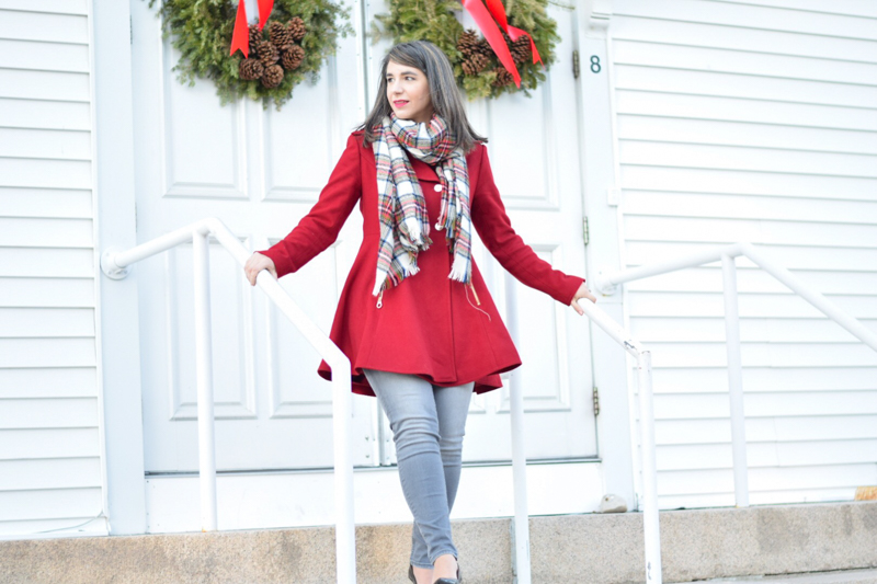 Teacher Style_holiday coat_Red Fit and flare coat_Plaid scarf_gray skinny jeans