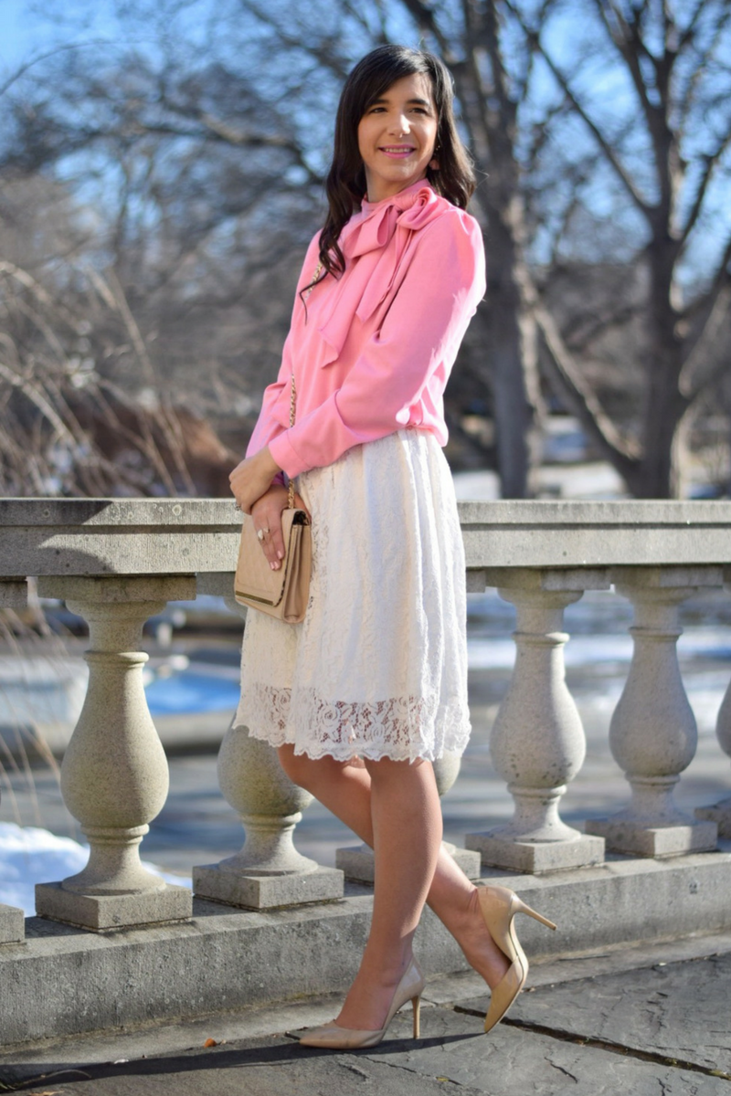 Valentine's Day Outfit_Pink Bow Blouse_Lace skirt_Nude Pumps_Teacher Style