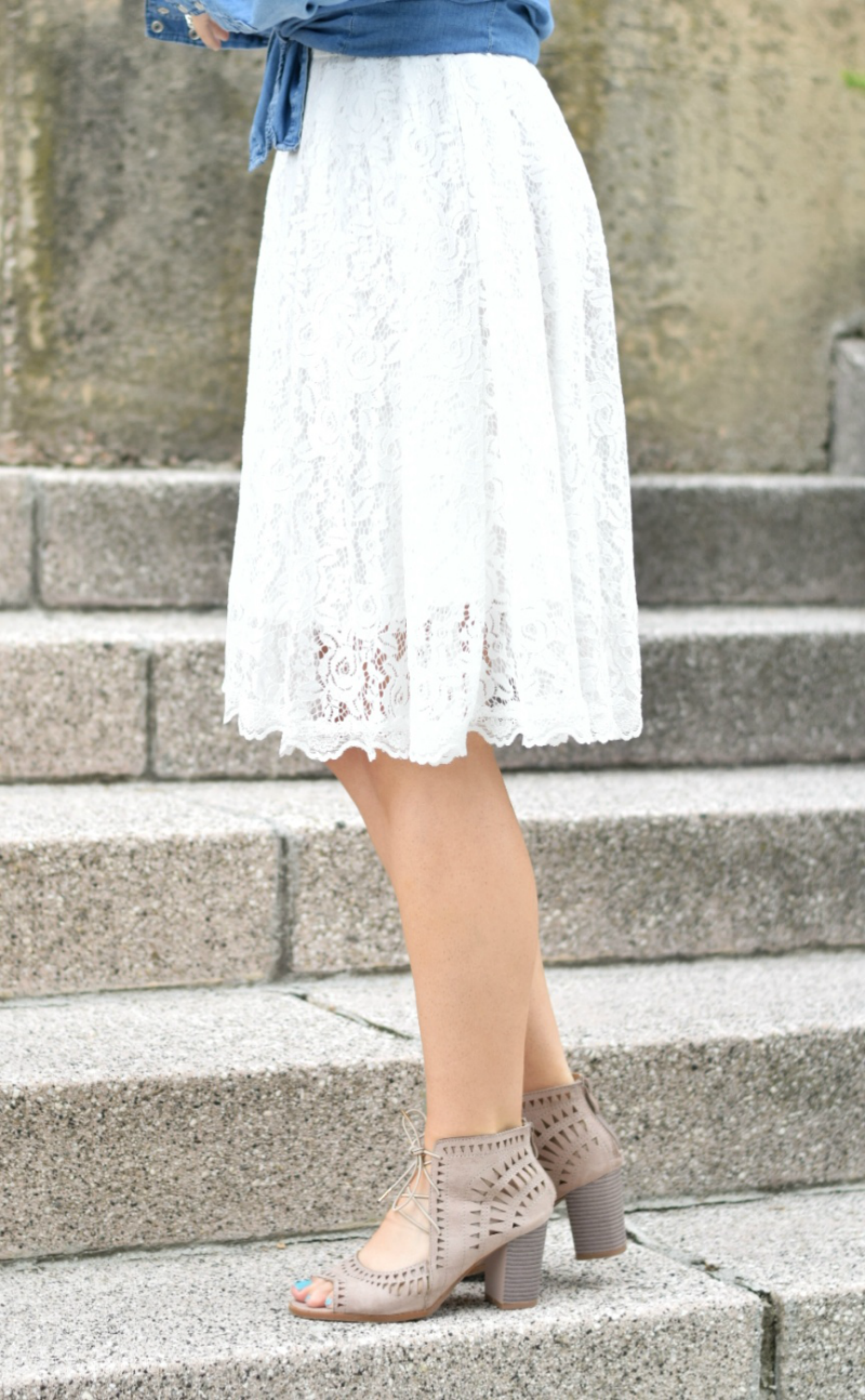 White Lace Dress Chambray Teacher Outfit Laser Cut Block Heel