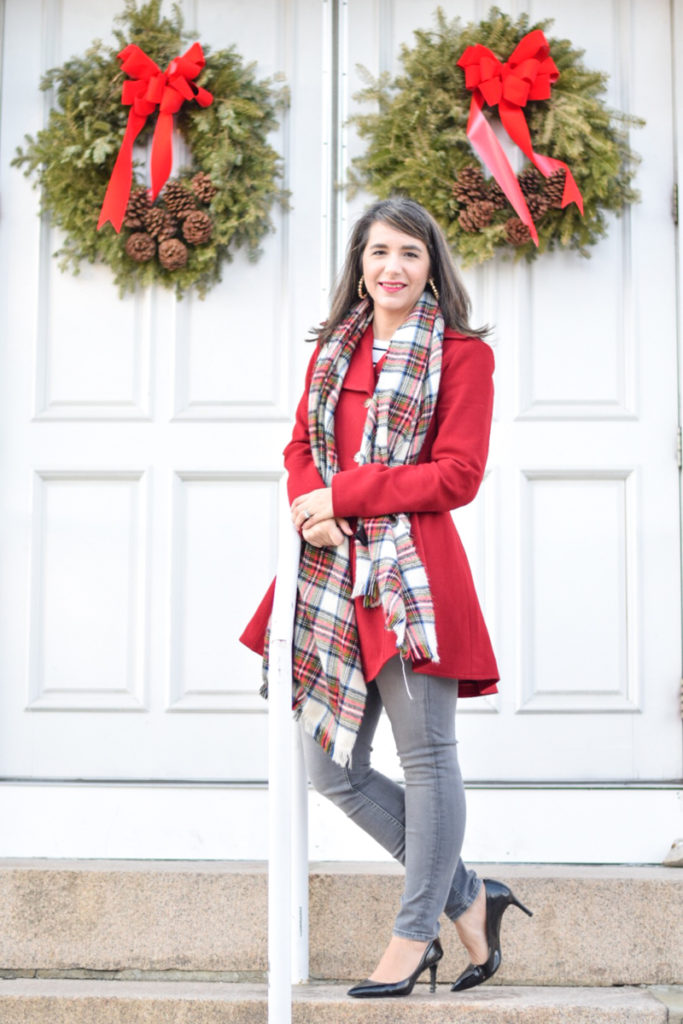 Winter coat for her_red fit and flare coat_swing coat_plaid scarf_grey skinny jeans