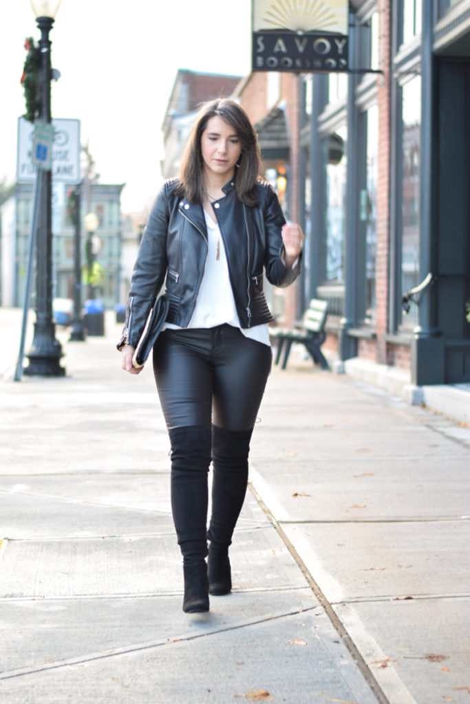 black biker jacket_coated skinny jeans_faux leather pants_teacher style fashion_affordable white tunic_rhode island blogger