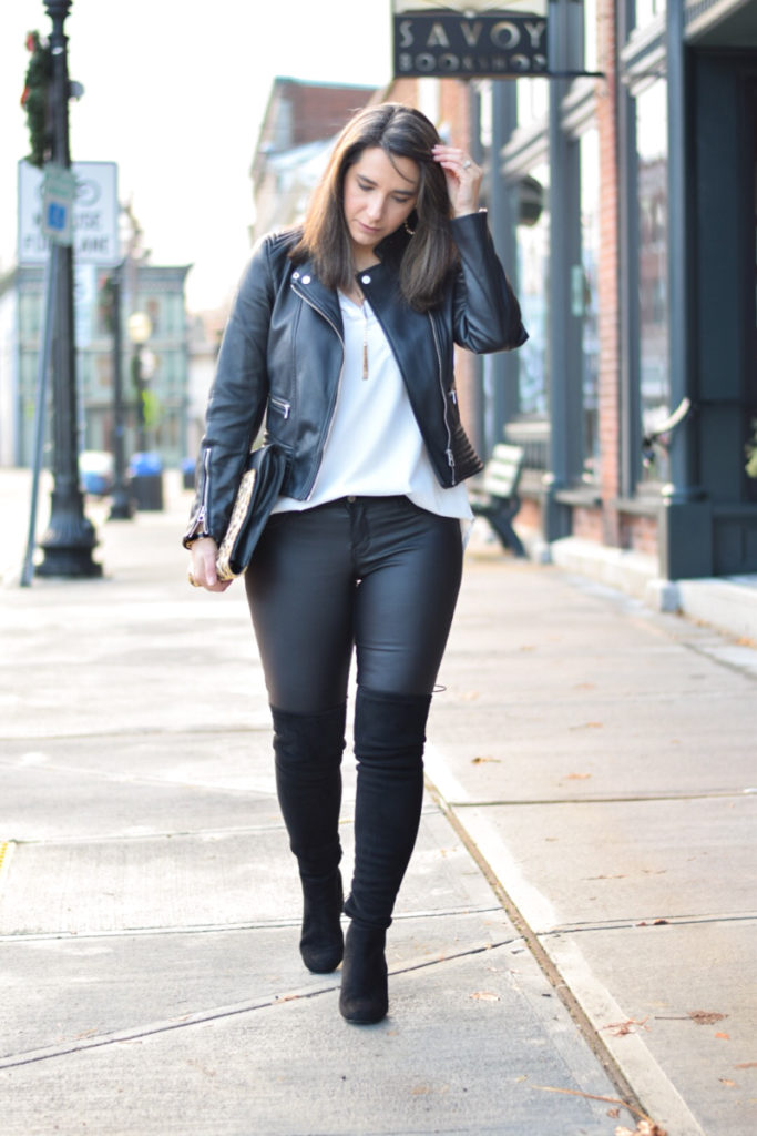 black over-the-knee boots_white tunic_black coated skinny jeans_faux leather pants_night out_date night look